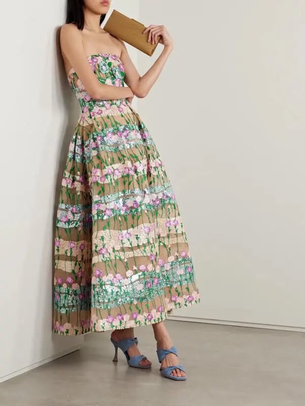 Elie Saab Strapless Floral Midi Dress in Tan, Pink and Green- amazing condition